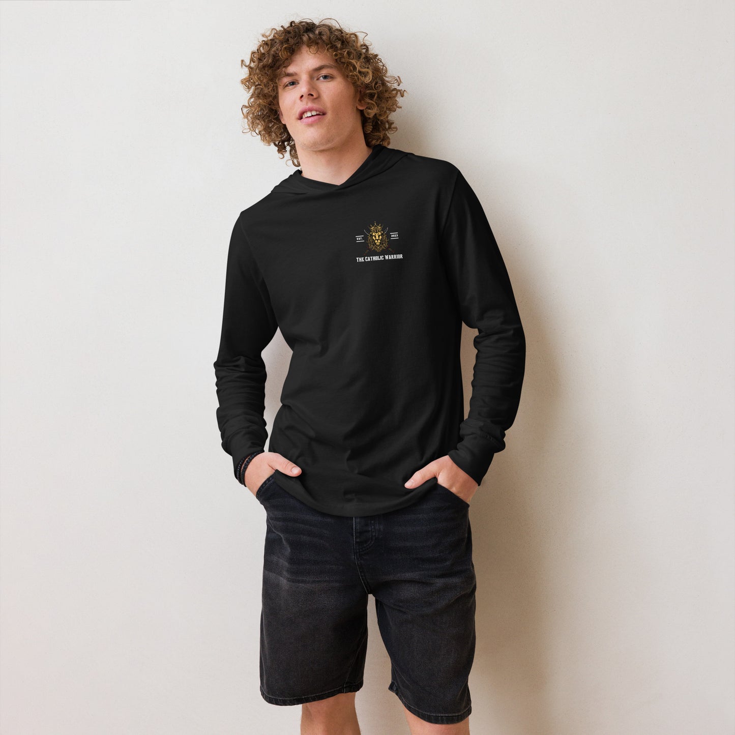 The Catholic Warrior All-Black Hooded Long-Sleeve Tee