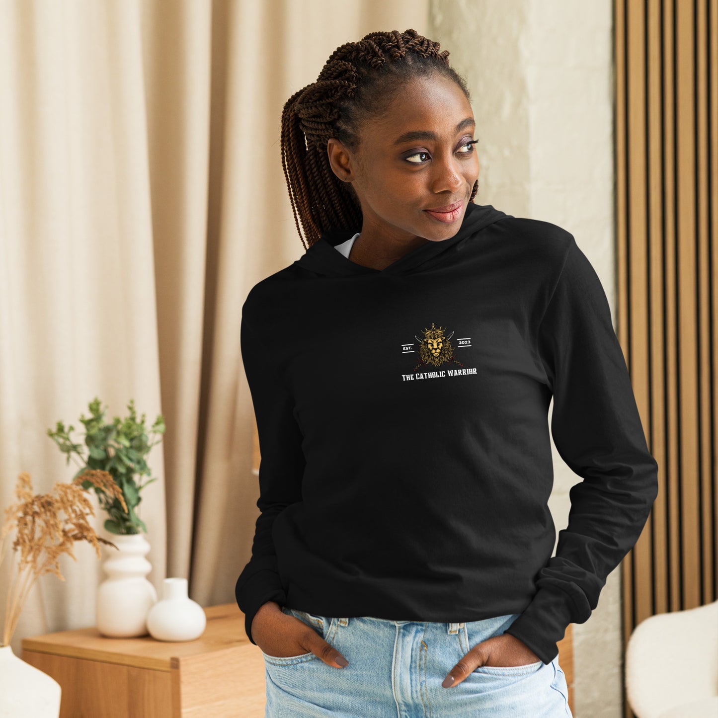 The Catholic Warrior All-Black Hooded Long-Sleeve Tee